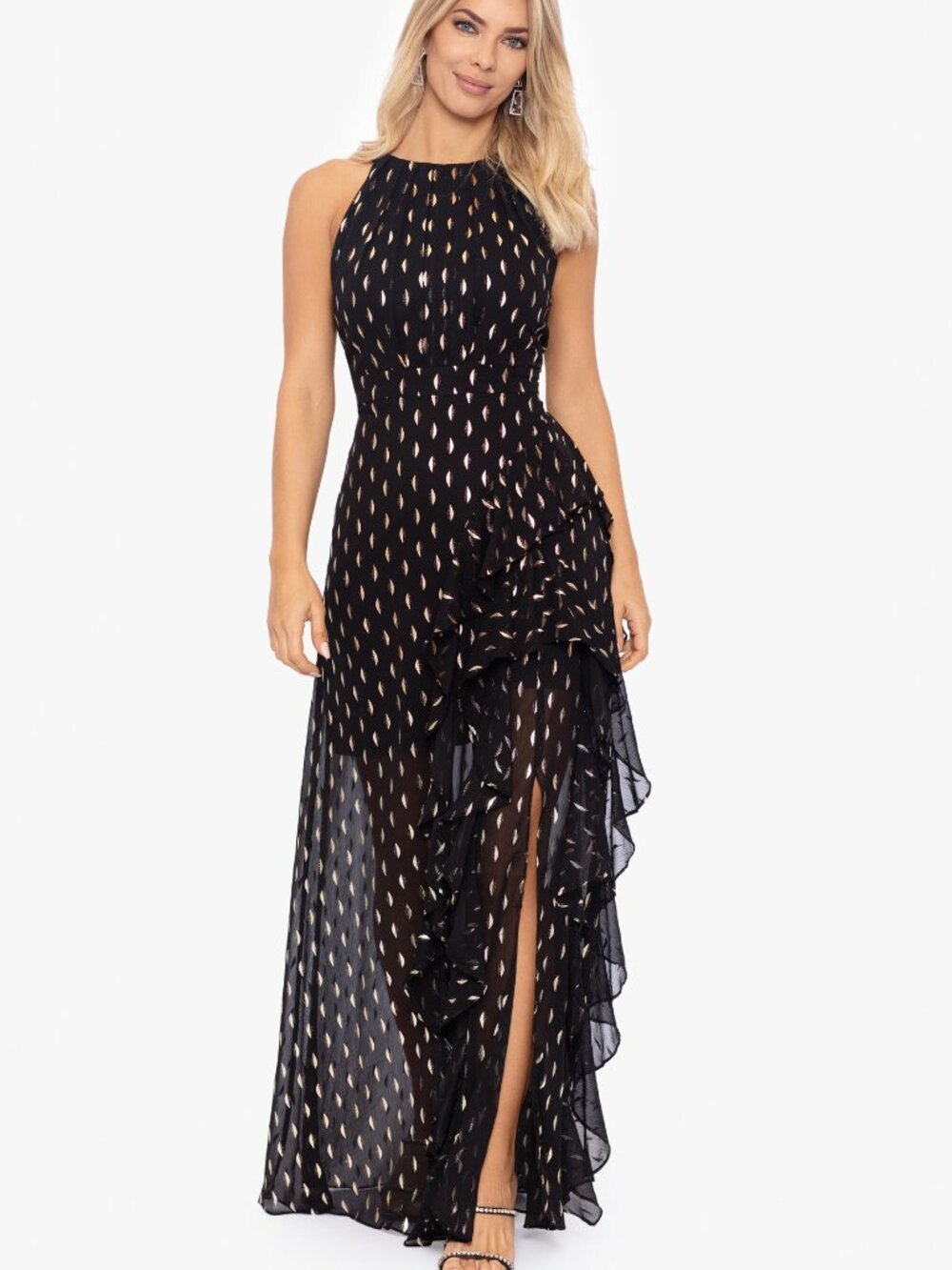 Betsey Adam Karina Chiffon Foil Ruffle Halter Long Dress Black Gold Size 14
